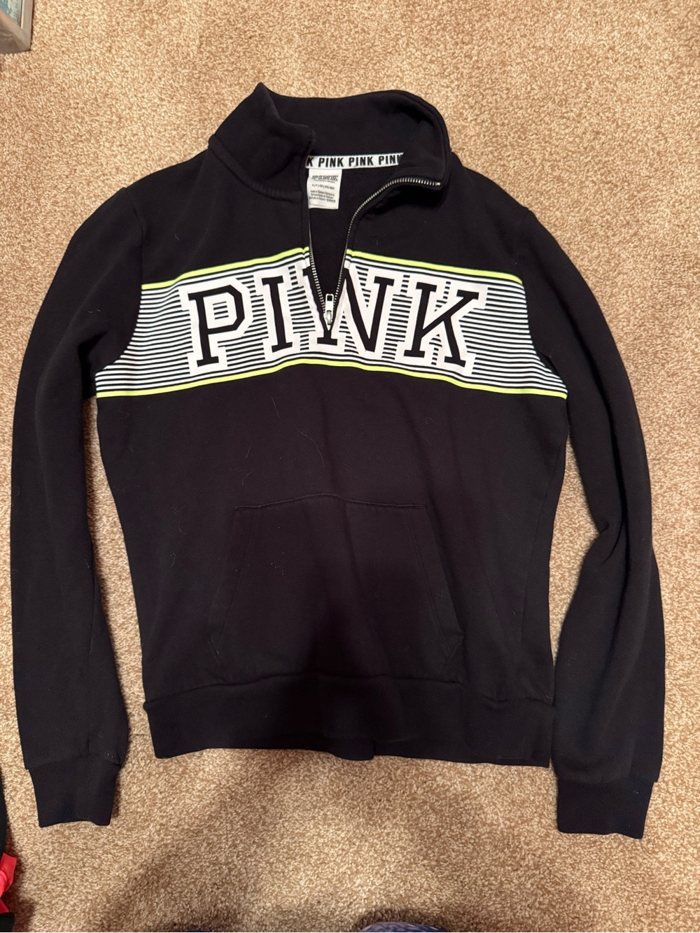 PINK Victoria's Secret Black Half-Zip Pullover with Neon Stripe